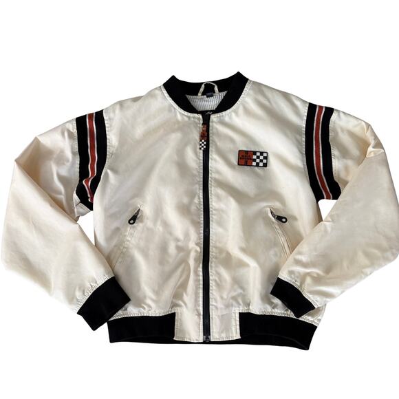 Harley-Davidson Y2K Racing Bomber Jacket M Checkered Logo Patch Flag USA White - Picture 2 of 14